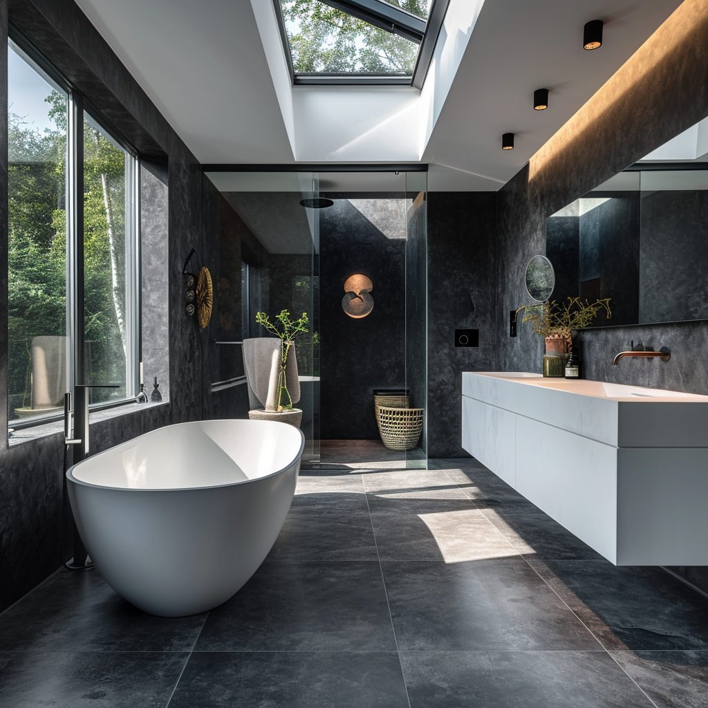 Badkamer met ligbad, wastafel en dakraam.